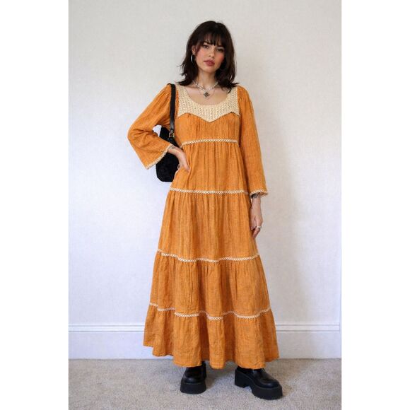 trivia Dresses & Skirts - Vintage TRIVIA Orange White Tiered Y2K Maxi Prairie Dress  Women's Size 8